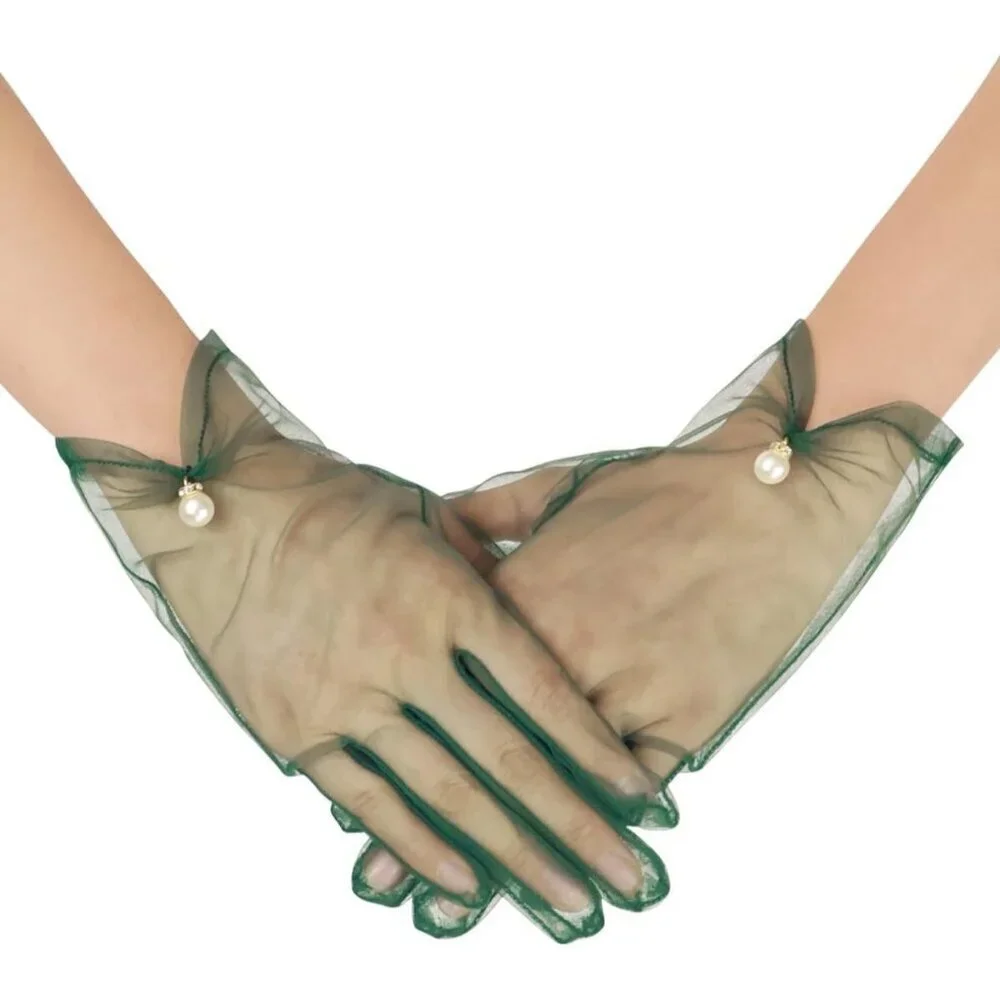 Women's Green Evening Pearl Short Gloves Wedding Dance Party Tea Accessories